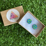 Green Leopard Print Stud Earrings - Hand Painted Sky Blue and Lime Green Leopard Print Earrings - Bamboo Hexagon Studs - One of a Kind.