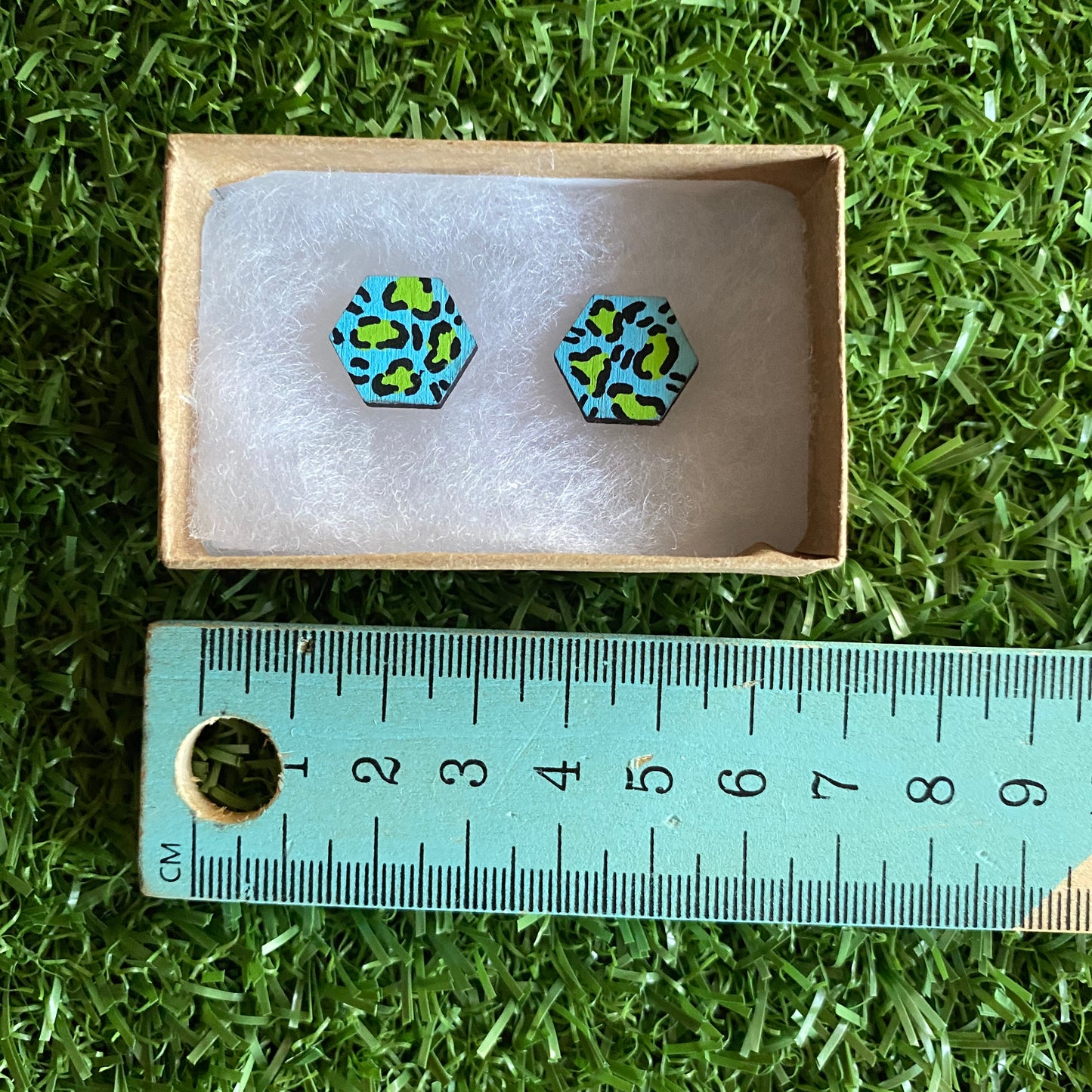Green Leopard Print Stud Earrings - Hand Painted Sky Blue and Lime Green Leopard Print Earrings - Bamboo Hexagon Studs - One of a Kind.