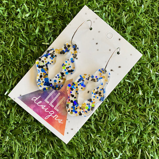 Stunning Clear Wiggle Jiggle Drops featuring Polka Dot Confetti Scattered Throughout. Creating a beautiful visual effect. (Gold/Black/Blue).