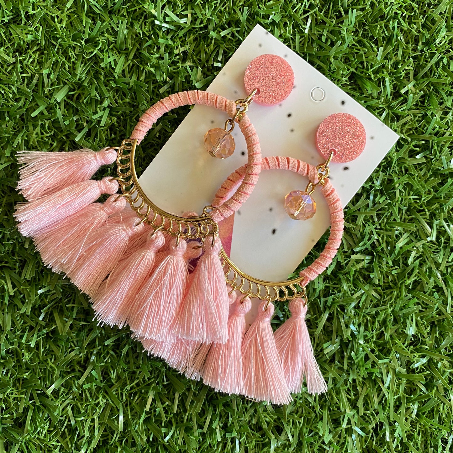 Pink Tassel Dangle Earrings - Stunning Pale Pink Tassel Hoop Drop Earrings featuring a beaded droplet - finished with Pale Pink Glitter Tops.