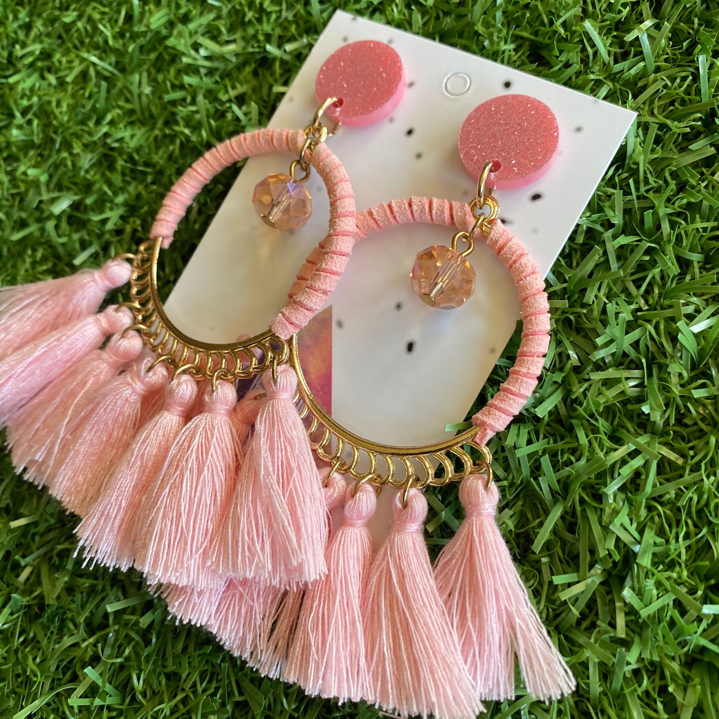 Pink Tassel Dangle Earrings - Stunning Pale Pink Tassel Hoop Drop Earrings featuring a beaded droplet - finished with Pale Pink Glitter Tops.