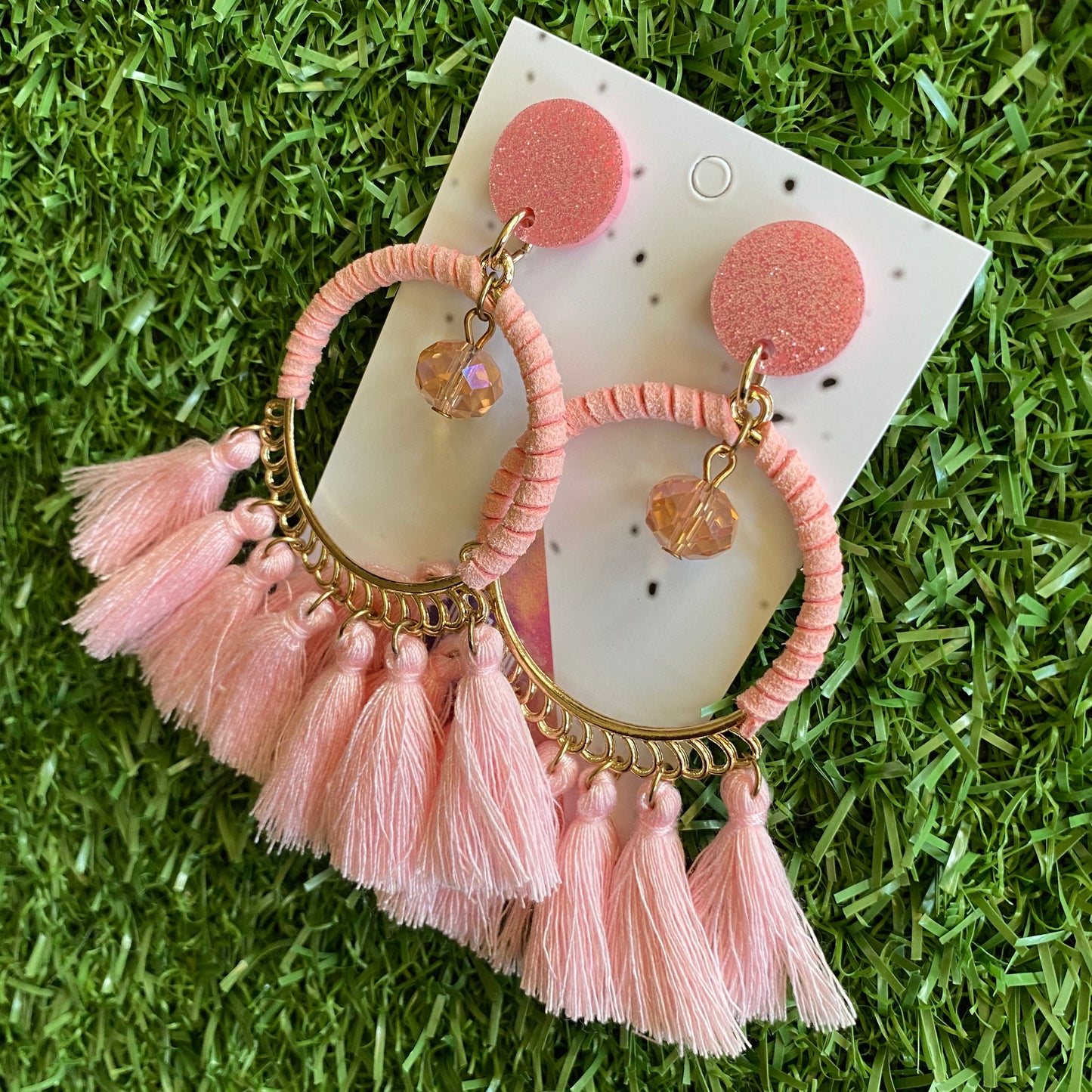 Pink Tassel Dangle Earrings - Stunning Pale Pink Tassel Hoop Drop Earrings featuring a beaded droplet - finished with Pale Pink Glitter Tops.