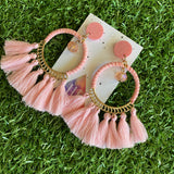 Pink Tassel Dangle Earrings - Stunning Pale Pink Tassel Hoop Drop Earrings featuring a beaded droplet - finished with Pale Pink Glitter Tops.