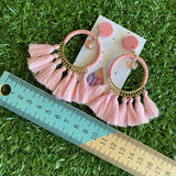 Pink Tassel Dangle Earrings - Stunning Pale Pink Tassel Hoop Drop Earrings featuring a beaded droplet - finished with Pale Pink Glitter Tops.