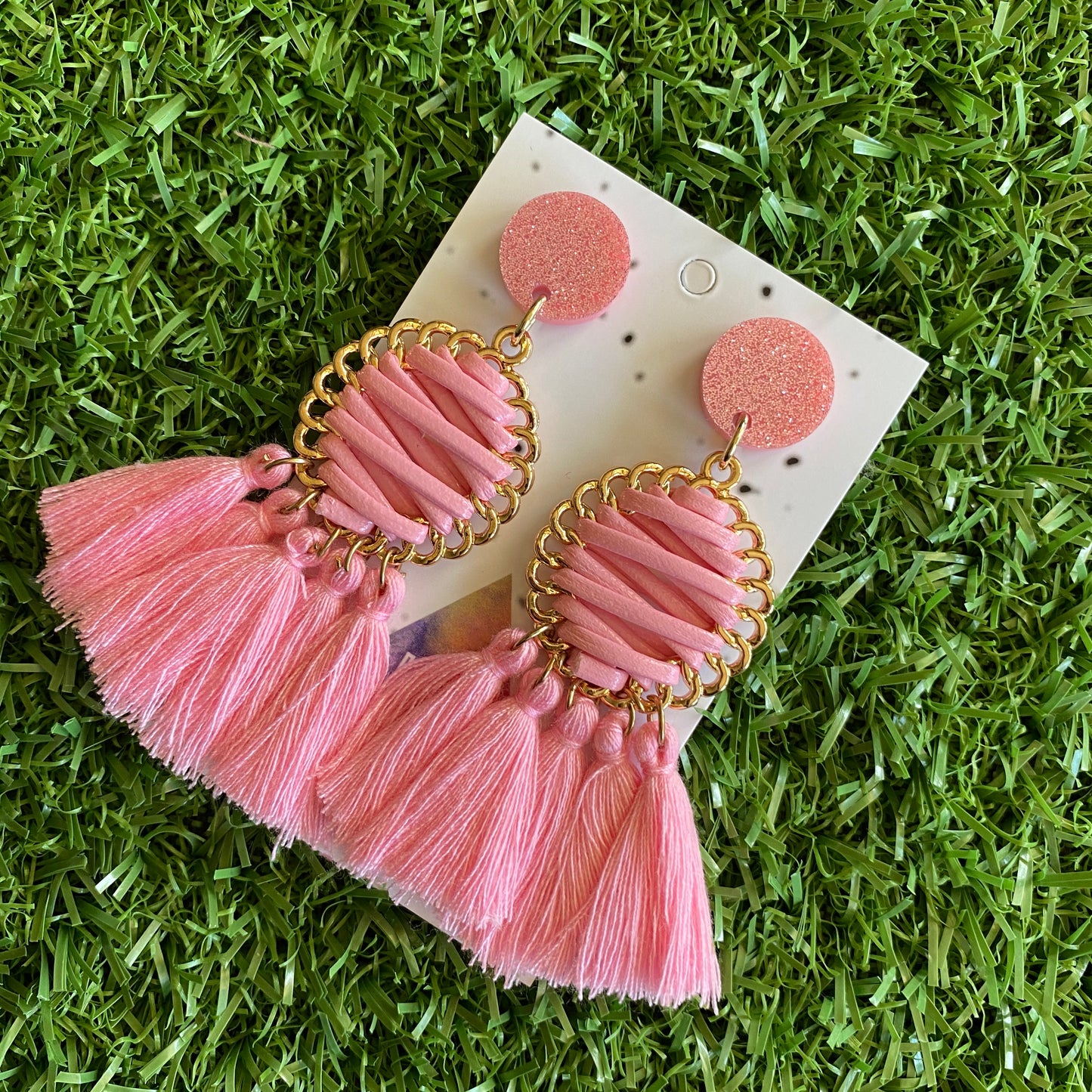 Pink and Gold Tassel Dangle Earrings - Stunning Pink Tassel Drop Earrings - finished with Pale Pink Glitter Tops. (woven)