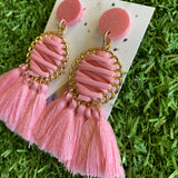 Pink and Gold Tassel Dangle Earrings - Stunning Pink Tassel Drop Earrings - finished with Pale Pink Glitter Tops. (woven)
