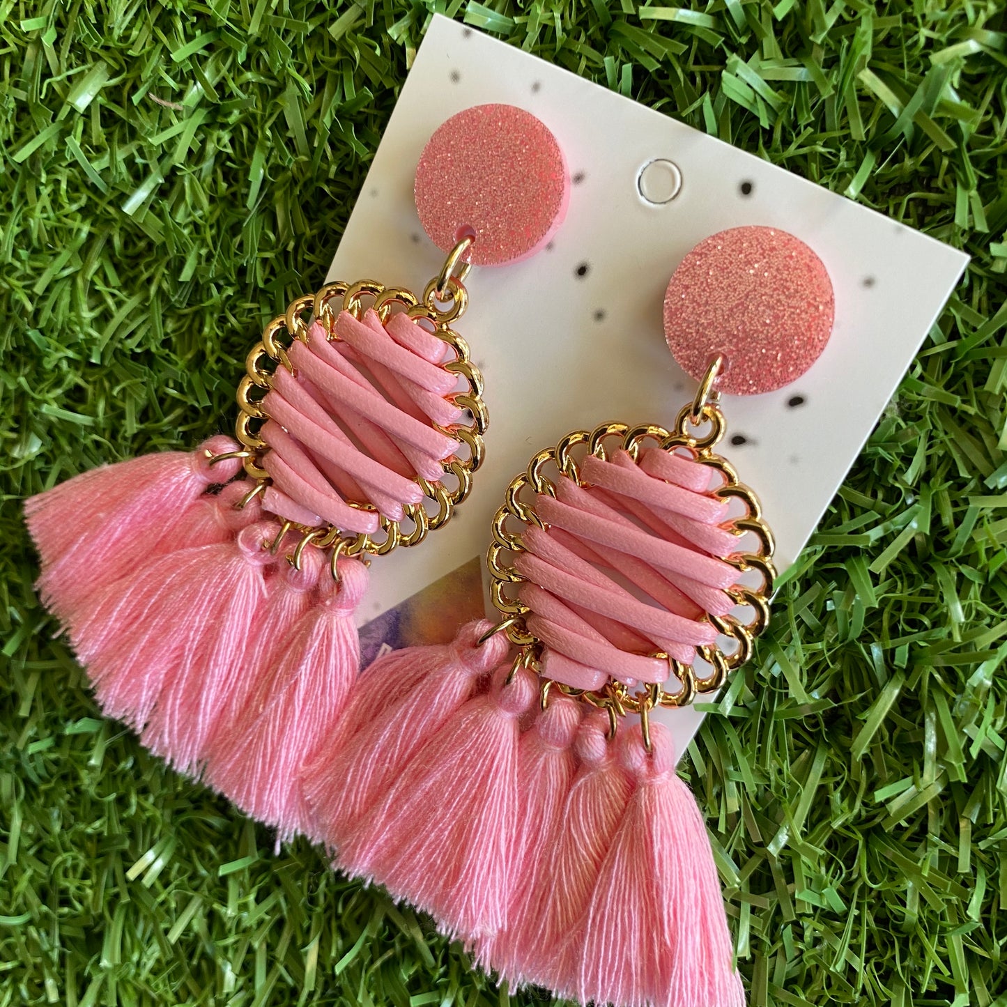 Pink and Gold Tassel Dangle Earrings - Stunning Pink Tassel Drop Earrings - finished with Pale Pink Glitter Tops. (woven)