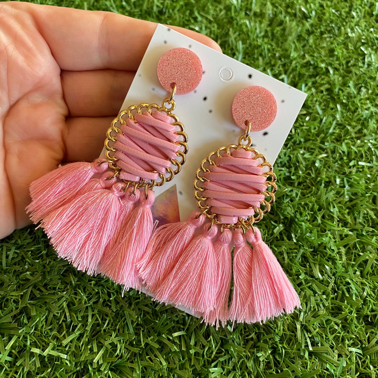 Pink and Gold Tassel Dangle Earrings - Stunning Pink Tassel Drop Earrings - finished with Pale Pink Glitter Tops. (woven)