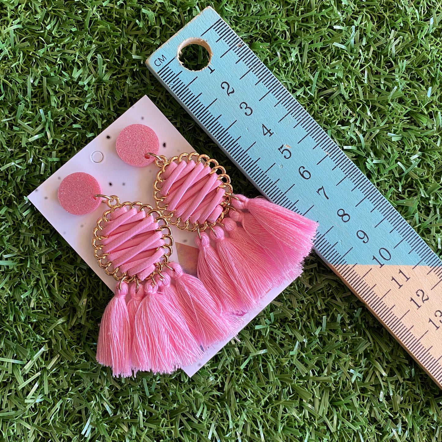 Pink and Gold Tassel Dangle Earrings - Stunning Pink Tassel Drop Earrings - finished with Pale Pink Glitter Tops. (woven)