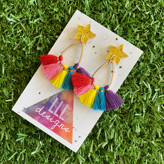 Rainbow Tassel Star Dangle Earrings - Stunning Rainbow Tassel Drop Earrings - finished with Glittery Gold Star Tops.