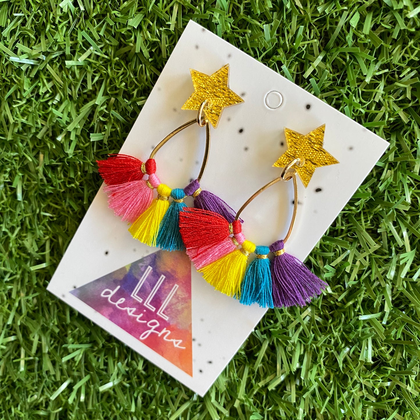 Rainbow Tassel Star Dangle Earrings - Stunning Rainbow Tassel Drop Earrings - finished with Glittery Gold Star Tops.