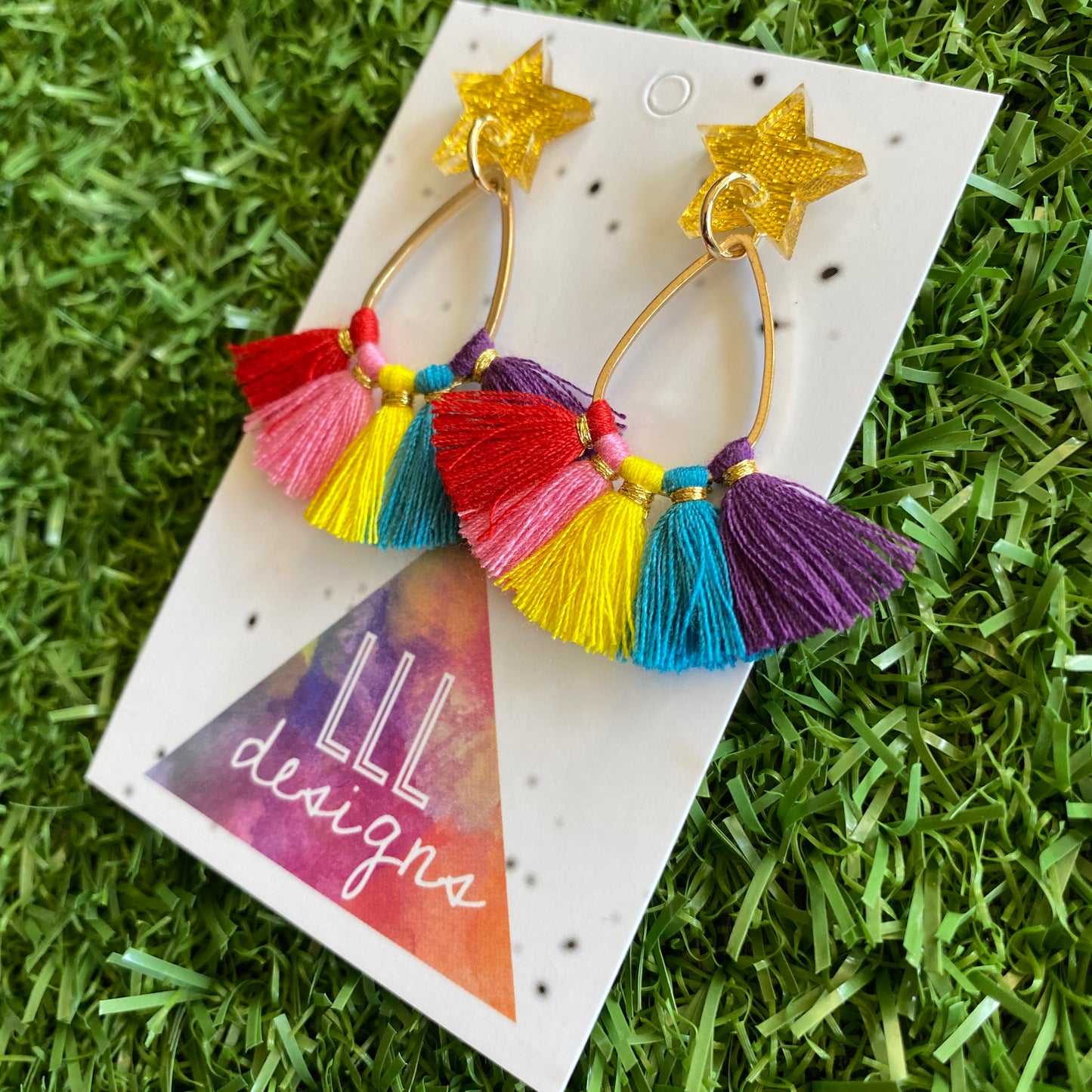Rainbow Tassel Star Dangle Earrings - Stunning Rainbow Tassel Drop Earrings - finished with Glittery Gold Star Tops.