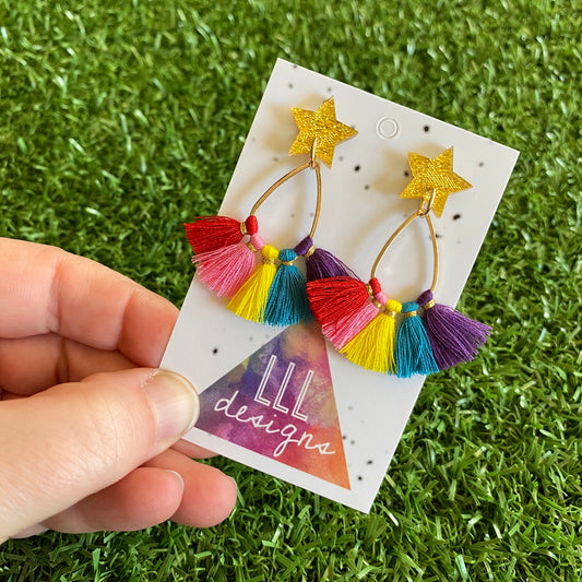 Rainbow Tassel Star Dangle Earrings - Stunning Rainbow Tassel Drop Earrings - finished with Glittery Gold Star Tops.