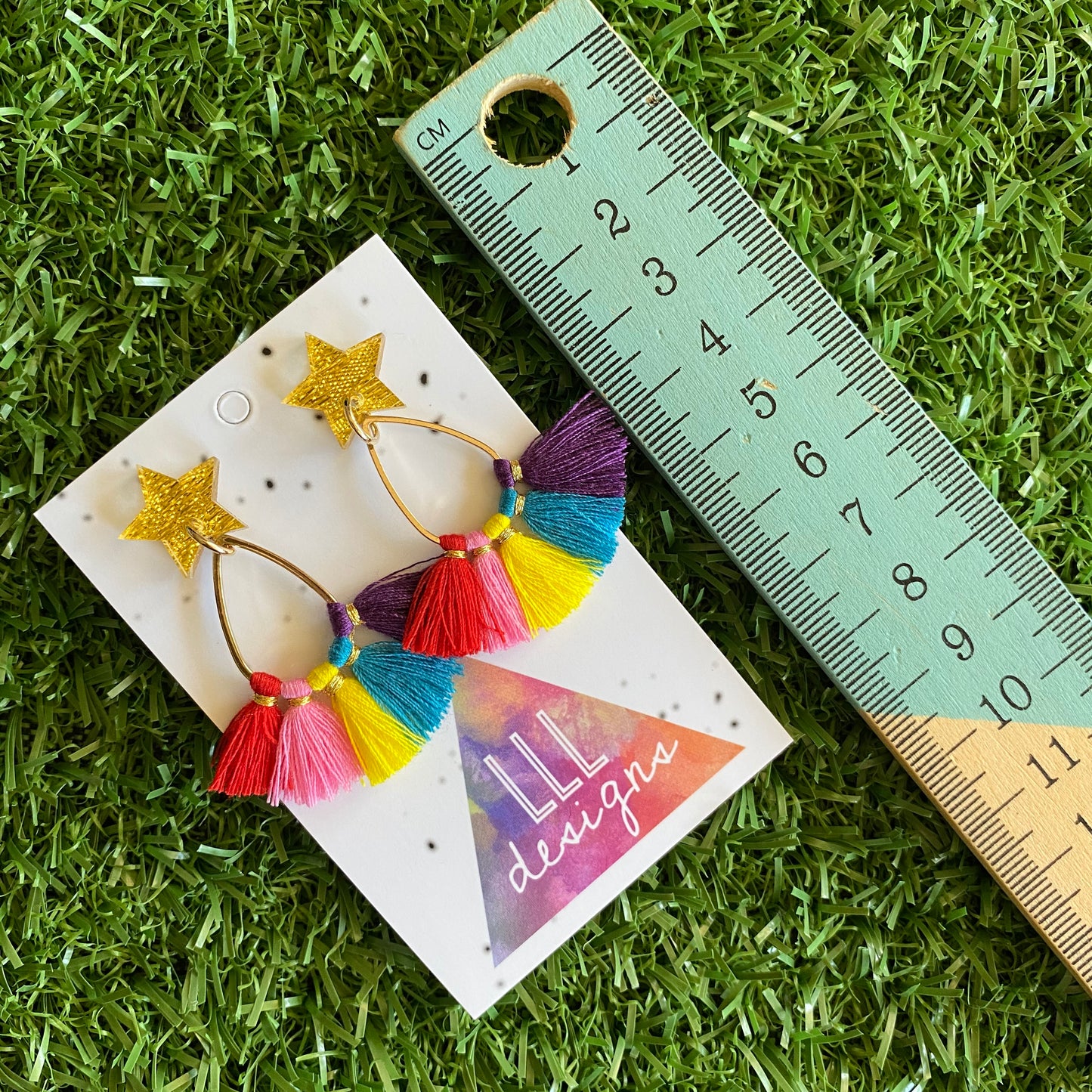 Rainbow Tassel Star Dangle Earrings - Stunning Rainbow Tassel Drop Earrings - finished with Glittery Gold Star Tops.