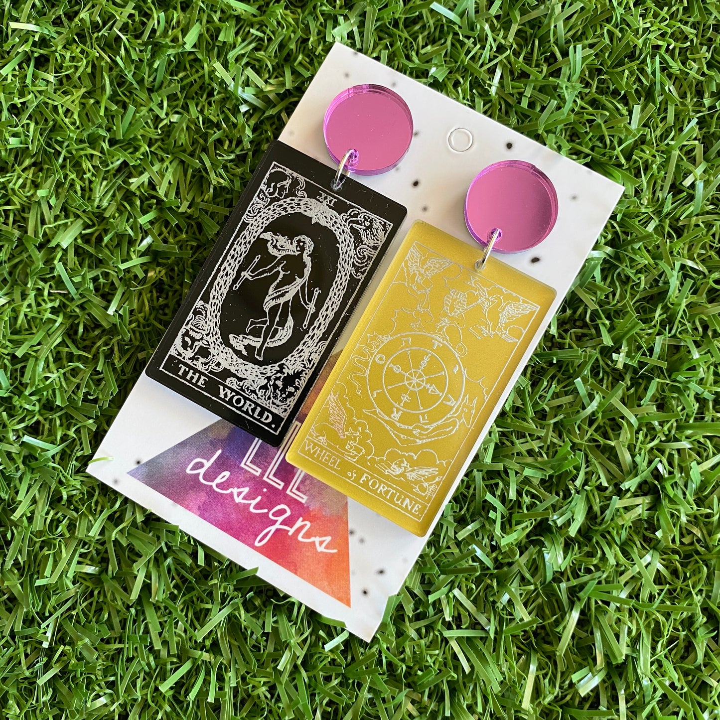Tarot Card Earrings - Stunning Detailed Acrylic Tarot Card Dangle Earrings - featuring Purple Mirror Tops.