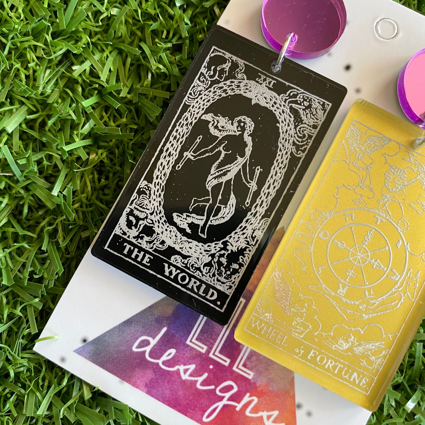 Tarot Card Earrings - Stunning Detailed Acrylic Tarot Card Dangle Earrings - featuring Purple Mirror Tops.