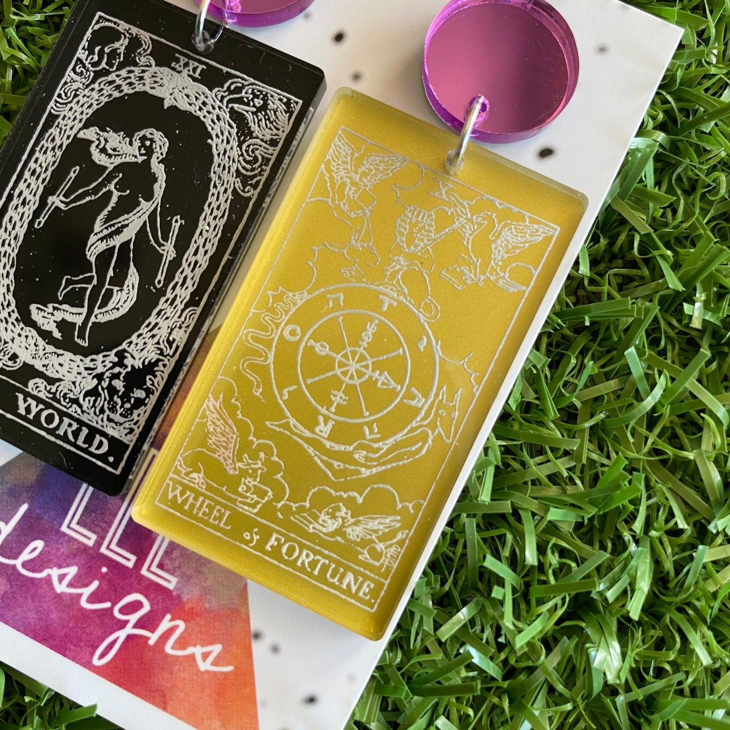 Tarot Card Earrings - Stunning Detailed Acrylic Tarot Card Dangle Earrings - featuring Purple Mirror Tops.