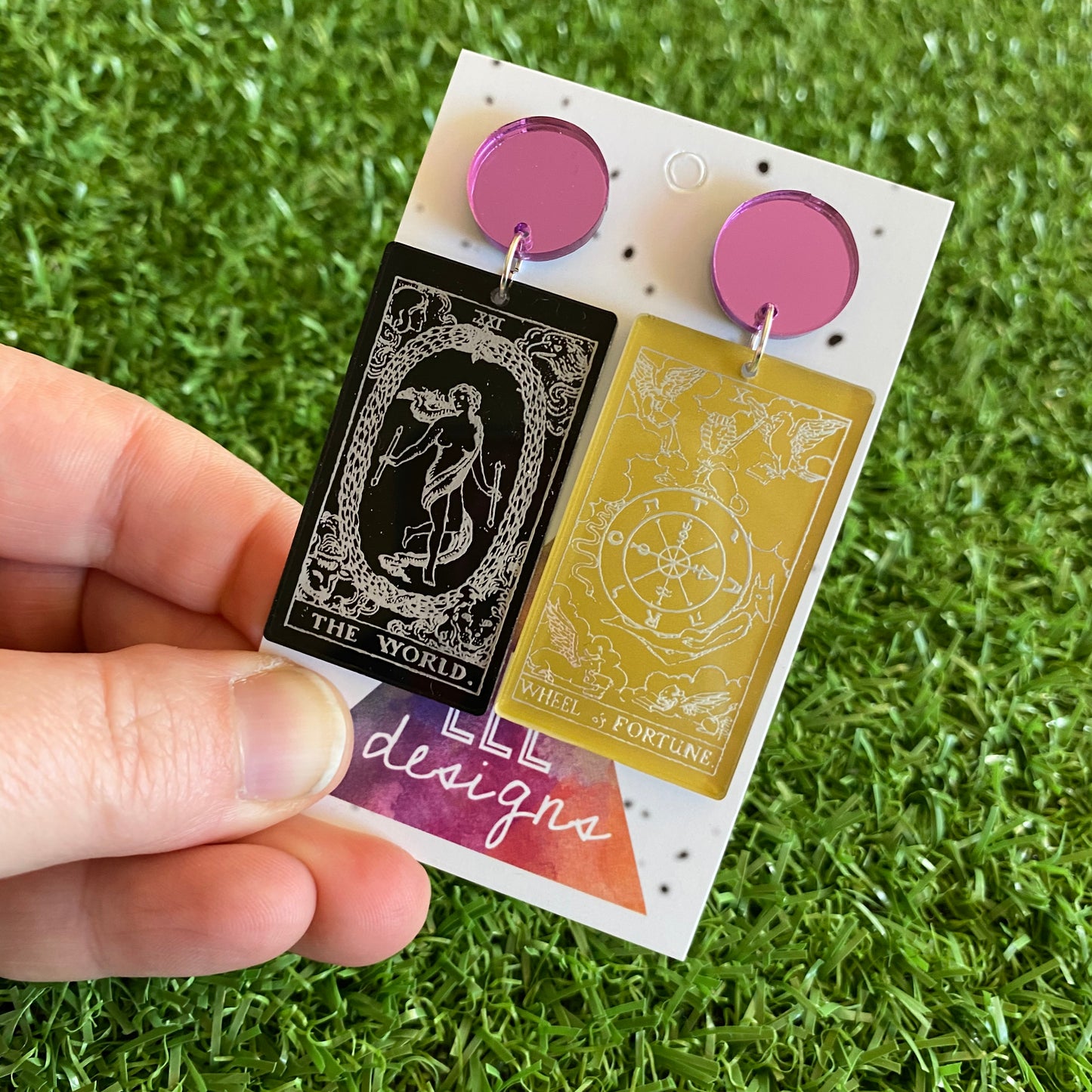 Tarot Card Earrings - Stunning Detailed Acrylic Tarot Card Dangle Earrings - featuring Purple Mirror Tops.