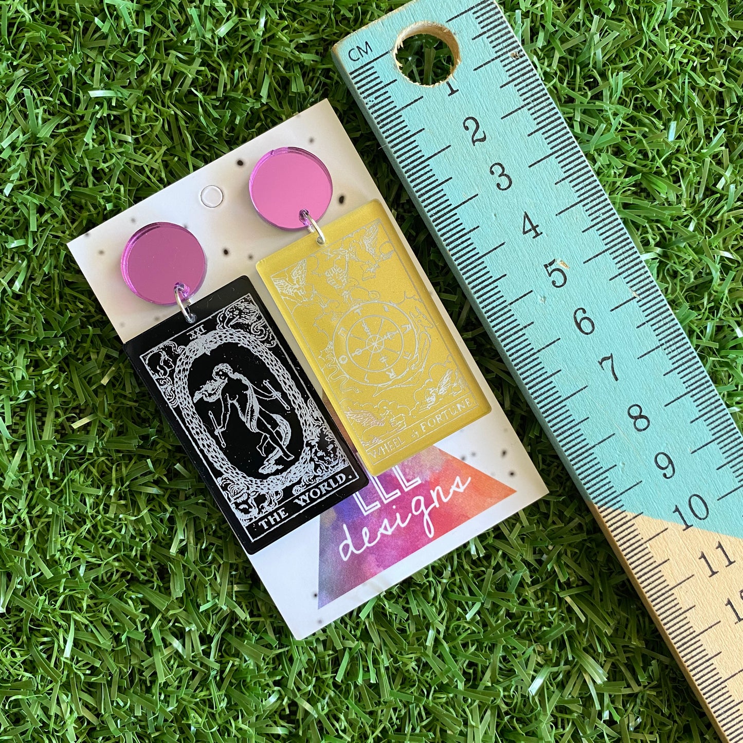Tarot Card Earrings - Stunning Detailed Acrylic Tarot Card Dangle Earrings - featuring Purple Mirror Tops.