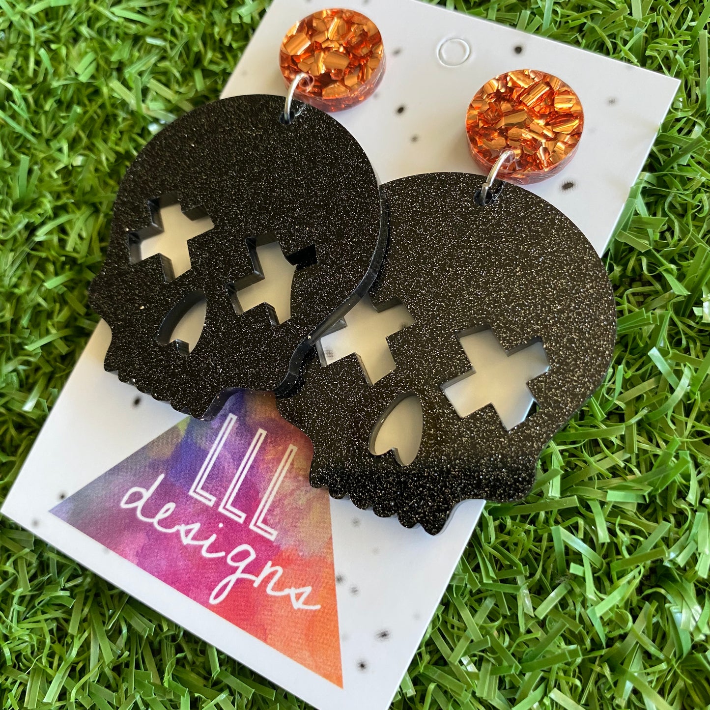 Skull Earrings - Large Black Glitter Acrylic Skull Dangle Statement Earrings - featuring Chunky Copper Foil Tops to make them POP!