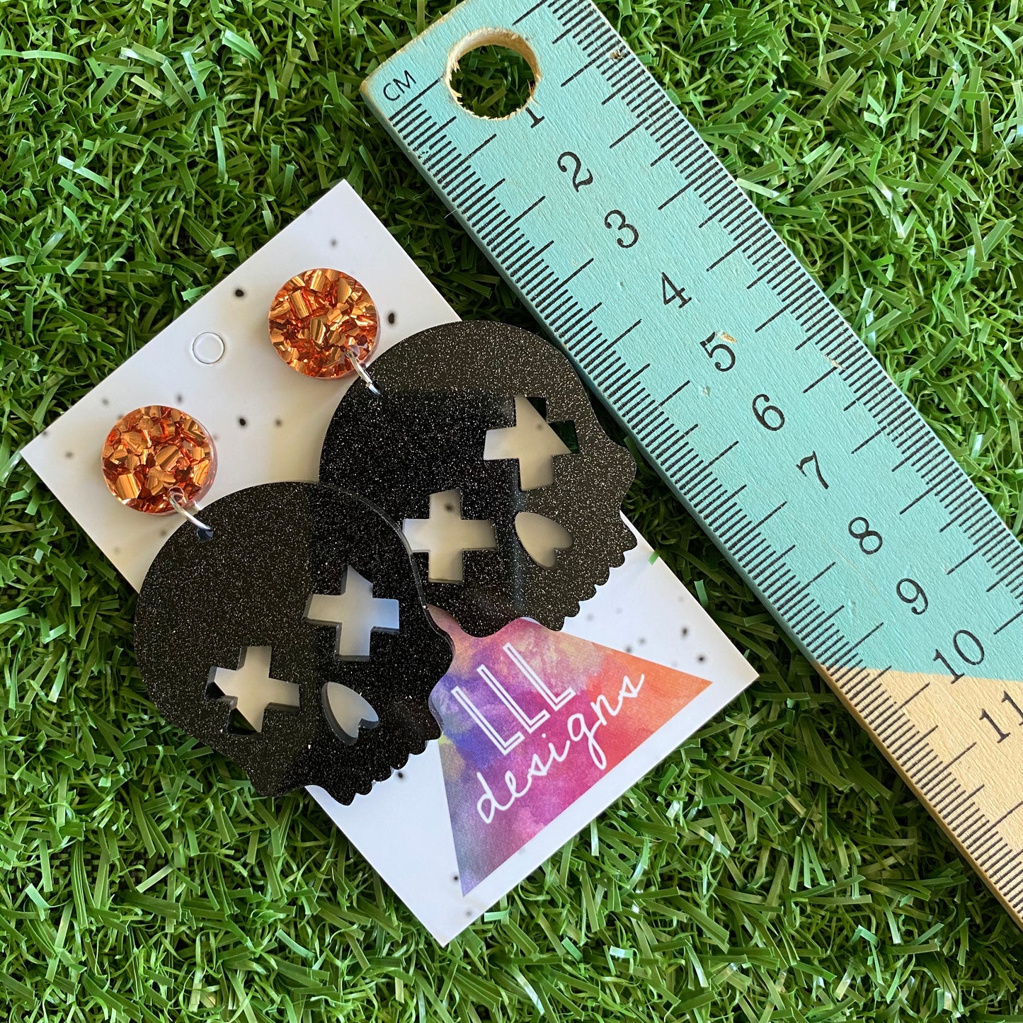 Skull Earrings - Large Black Glitter Acrylic Skull Dangle Statement Earrings - featuring Chunky Copper Foil Tops to make them POP!