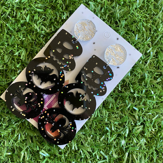 Halloween Earrings - Boo! Acrylic Statement Dangle Earrings - featuring hidden bats, spiders and a pumpkin face - Is it Trick or Treat?