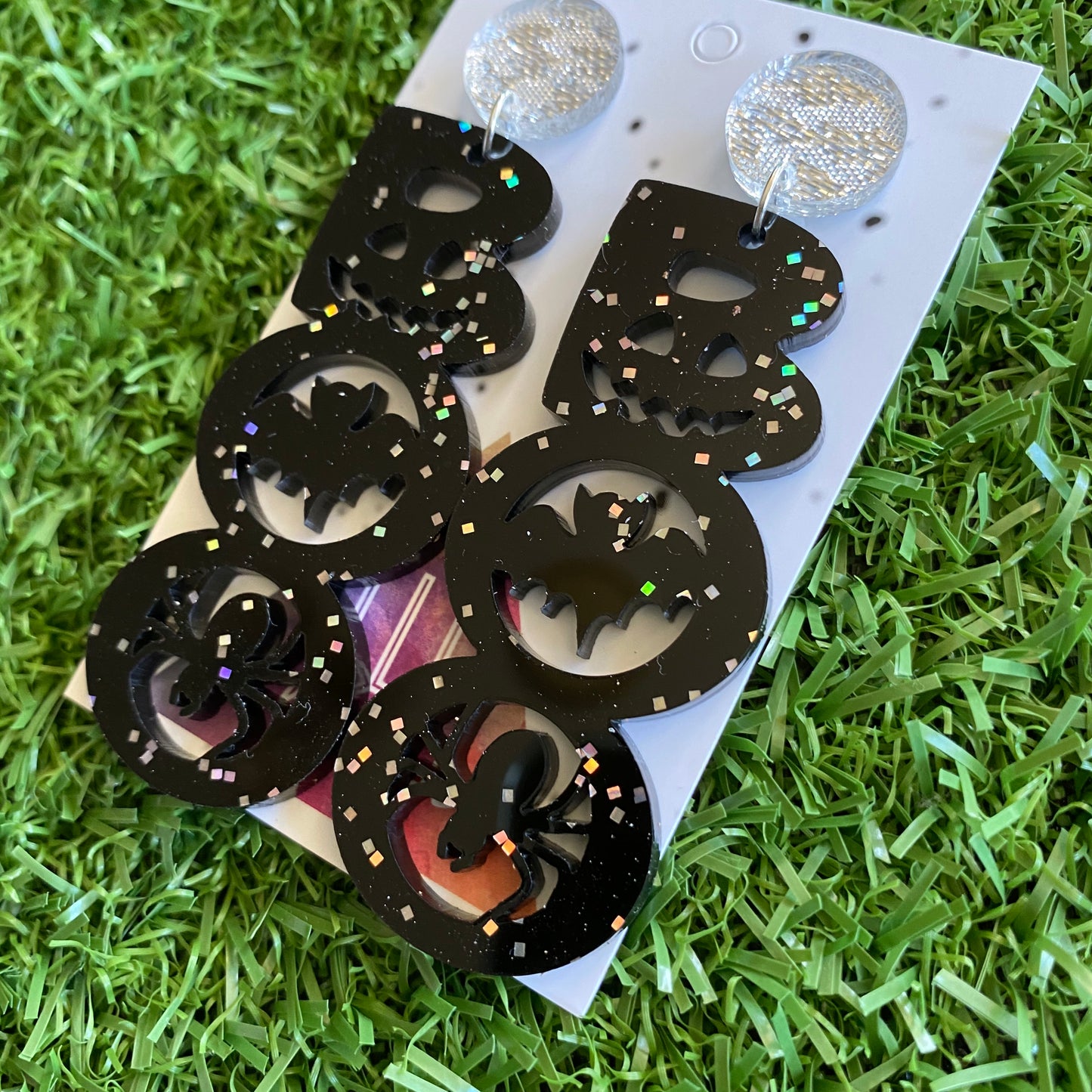 Halloween Earrings - Boo! Acrylic Statement Dangle Earrings - featuring hidden bats, spiders and a pumpkin face - Is it Trick or Treat?
