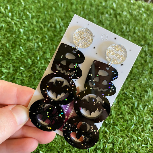 Halloween Earrings - Boo! Acrylic Statement Dangle Earrings - featuring hidden bats, spiders and a pumpkin face - Is it Trick or Treat?