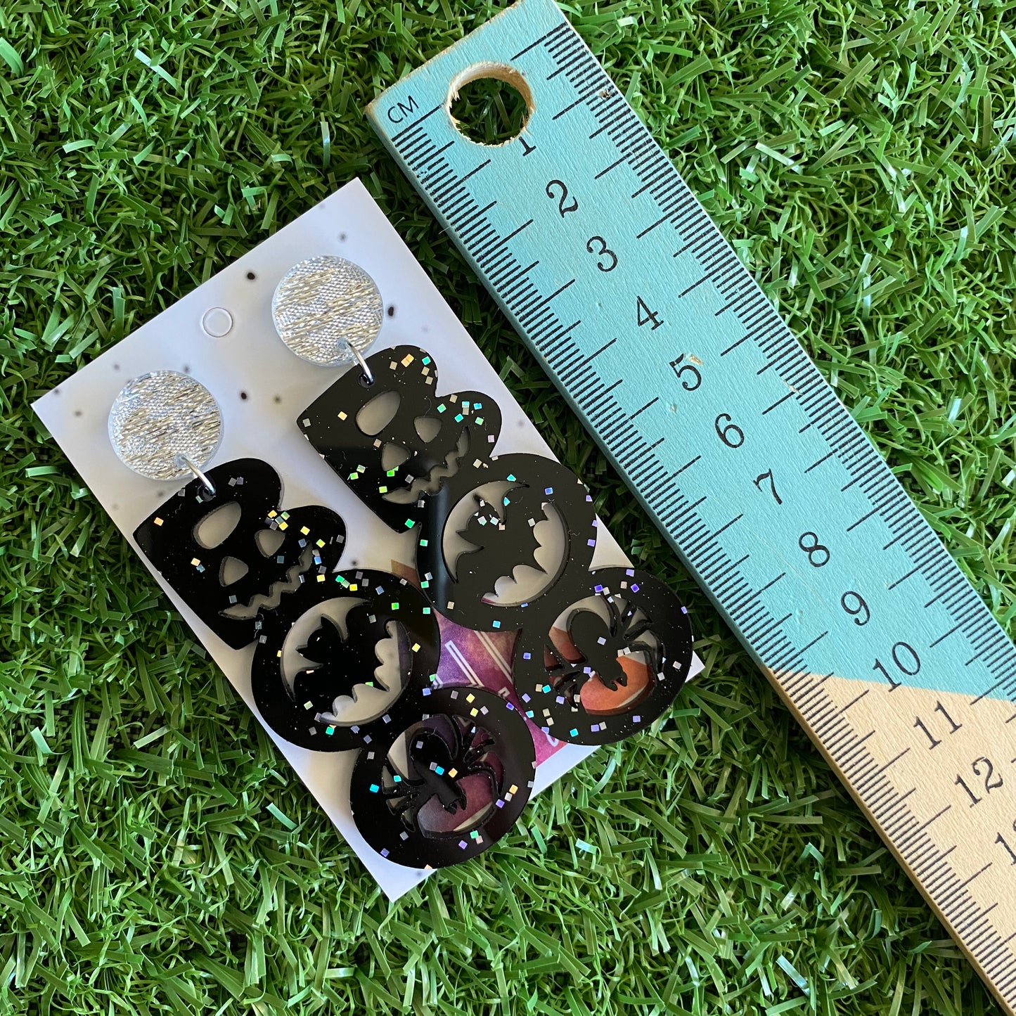 Halloween Earrings - Boo! Acrylic Statement Dangle Earrings - featuring hidden bats, spiders and a pumpkin face - Is it Trick or Treat?