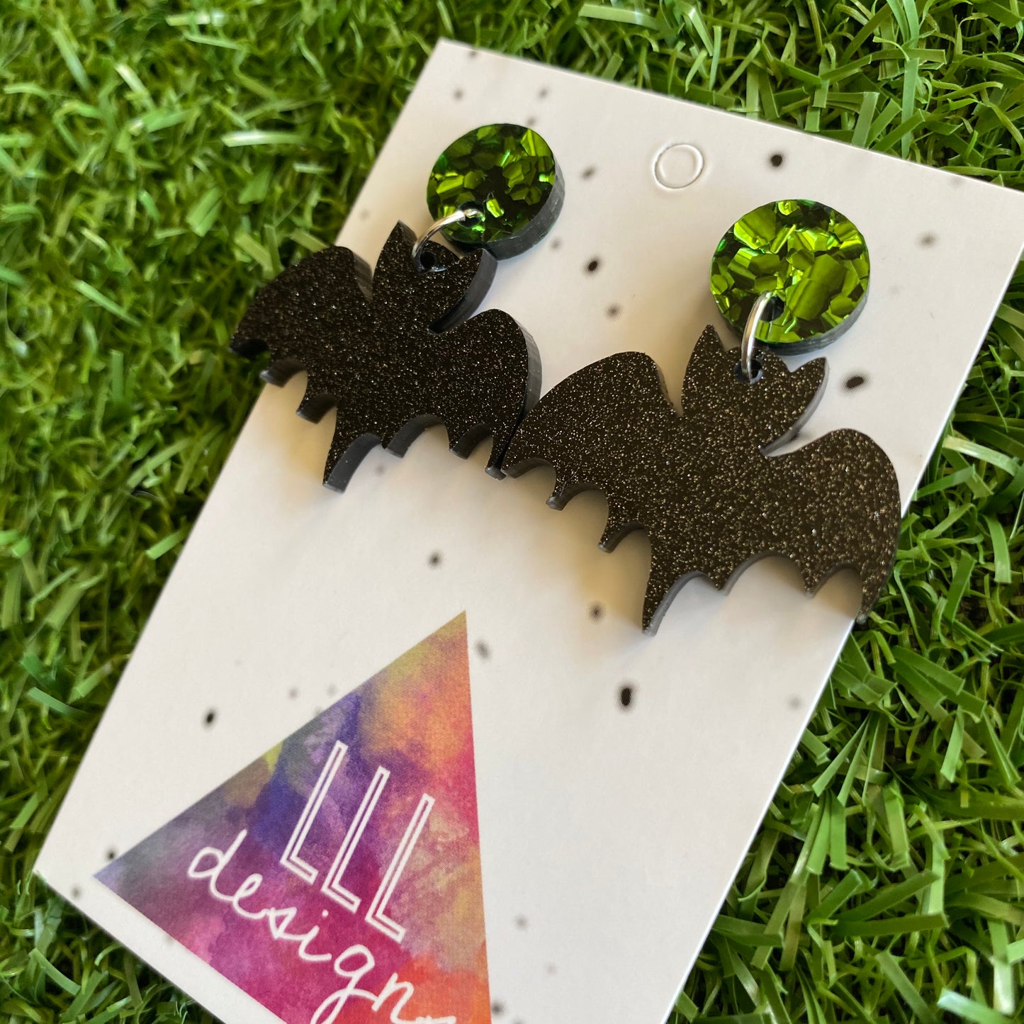 Bat Earrings - Glitter Black Acrylic Bat Earrings (Small Size) - Featuring Green Foil Tops to make them POP!
