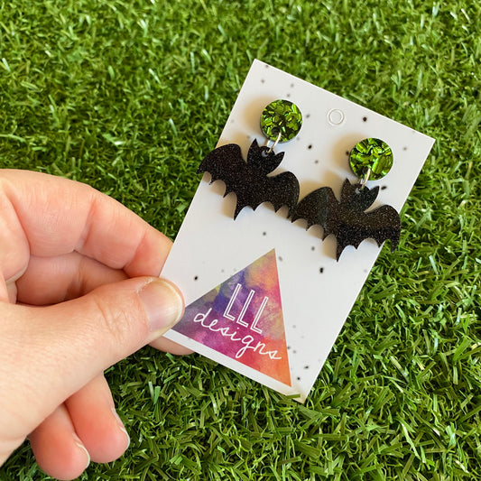 Bat Earrings - Glitter Black Acrylic Bat Earrings (Small Size) - Featuring Green Foil Tops to make them POP!