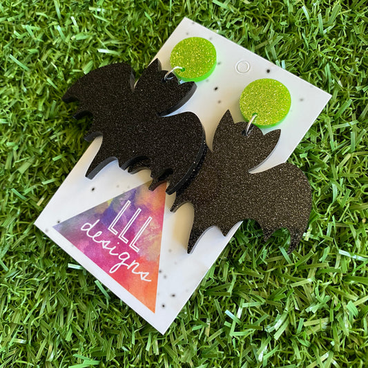 Bat Earrings - Glitter Black Acrylic Bat Earrings (Large Size) - Featuring Green Glitter Tops to make them POP!