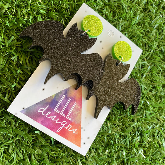 Bat Earrings - Glitter Black Acrylic Bat Earrings (Large Size) - Featuring Green Glitter Tops to make them POP!