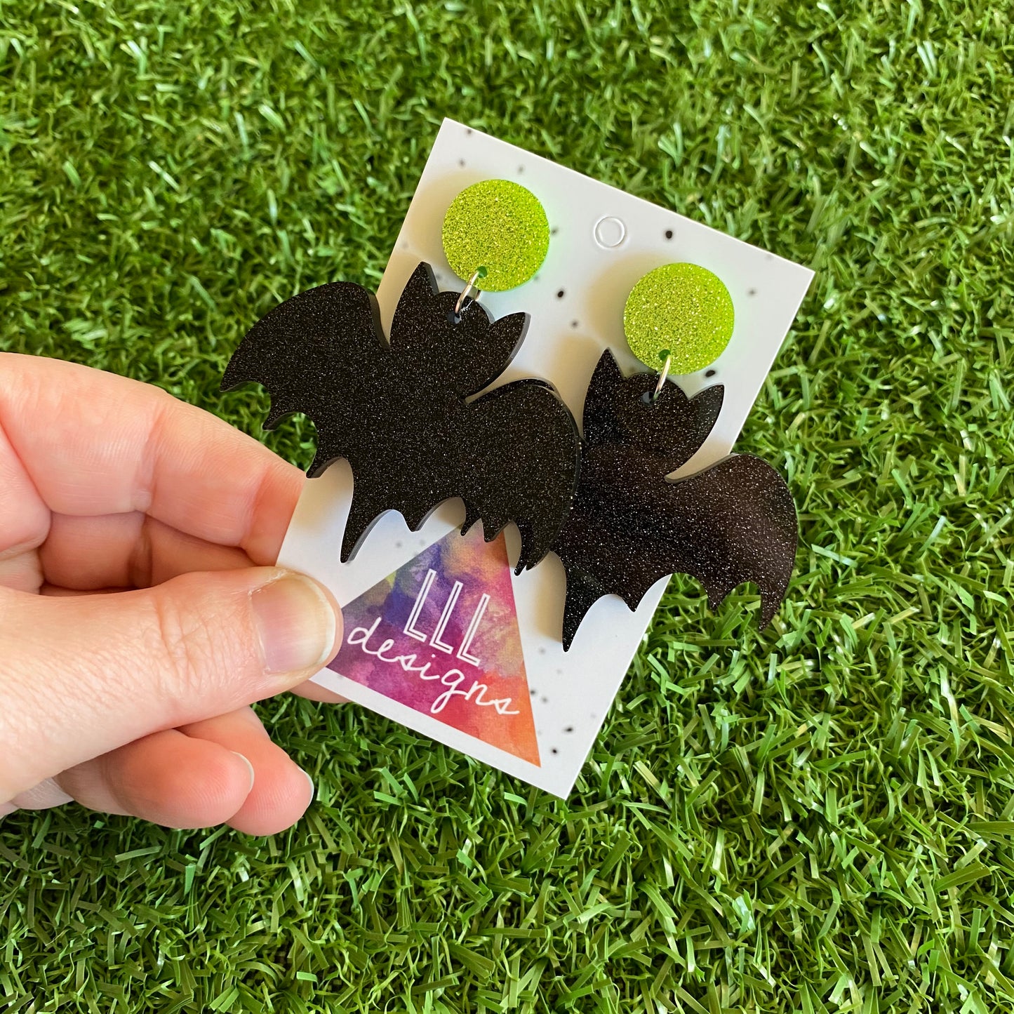 Bat Earrings - Glitter Black Acrylic Bat Earrings (Large Size) - Featuring Green Glitter Tops to make them POP!