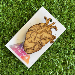 Real Heart Brooch - Anatomical Heart Brooch - Detailed Laser Etched Timber Brooch.