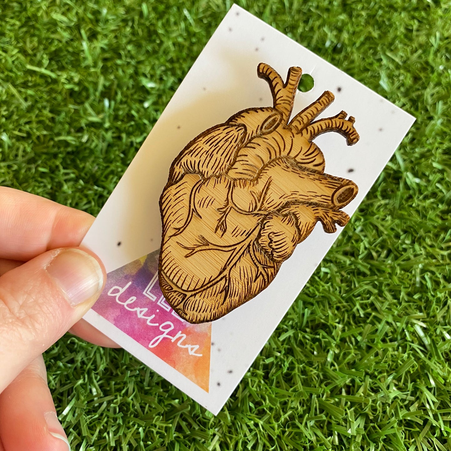 Real Heart Brooch - Anatomical Heart Brooch - Detailed Laser Etched Timber Brooch.
