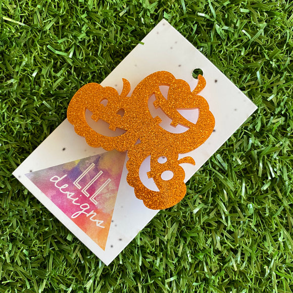 Jack-O-Lantern Brooch - Pumpkin Brooch - A trio of Jack-O-Lanterns all in Fabulous Orange Glitter Glory - The Perfect Halloween Brooch!