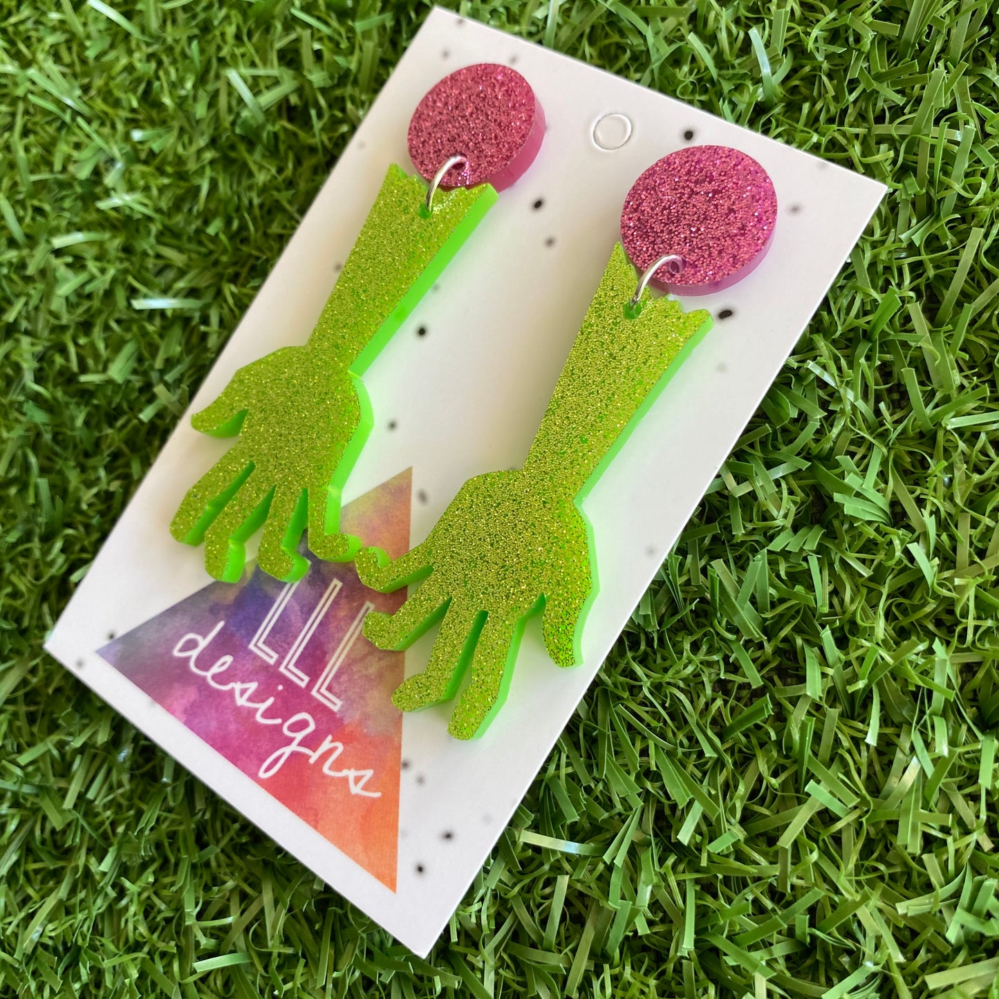 Zombie Earrings - Glitter Green Zombie Arm Statement Dangle Earrings - Featuring Dark Pink Glitter Tops to make them POP!!!