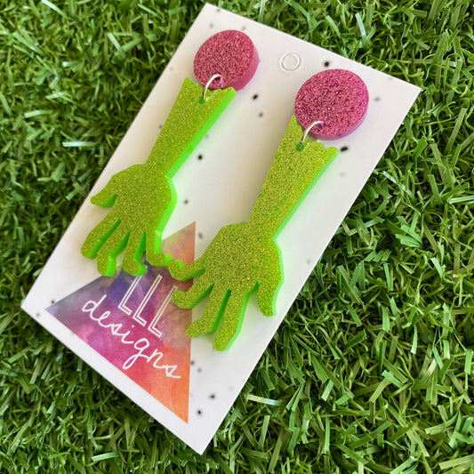 Zombie Earrings - Glitter Green Zombie Arm Statement Dangle Earrings - Featuring Dark Pink Glitter Tops to make them POP!!!