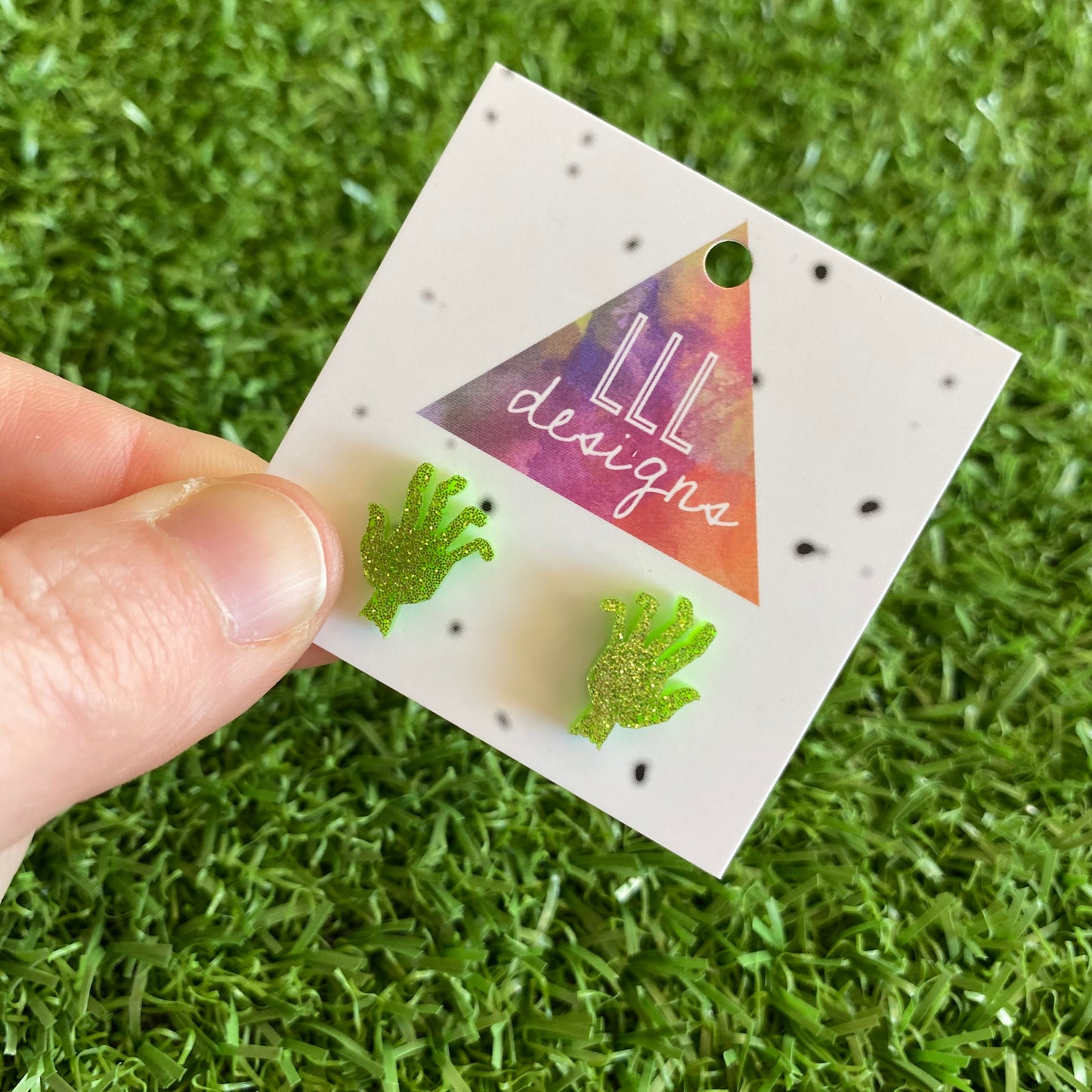 Zombie Earrings - Glitter Green Acrylic Zombie Hand Stud Earrings.