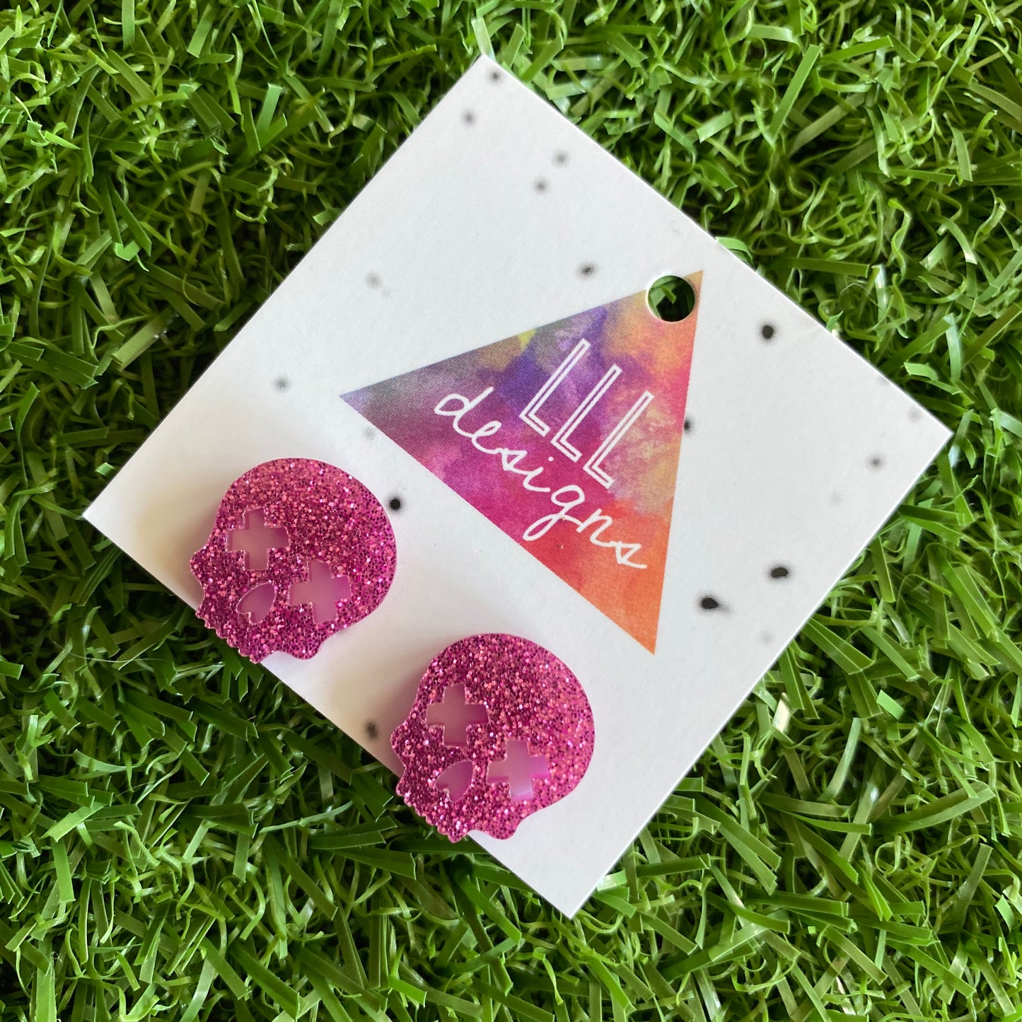 Pink Skull Stud Earrings - Glitter Pink Acrylic Skull Earrings.