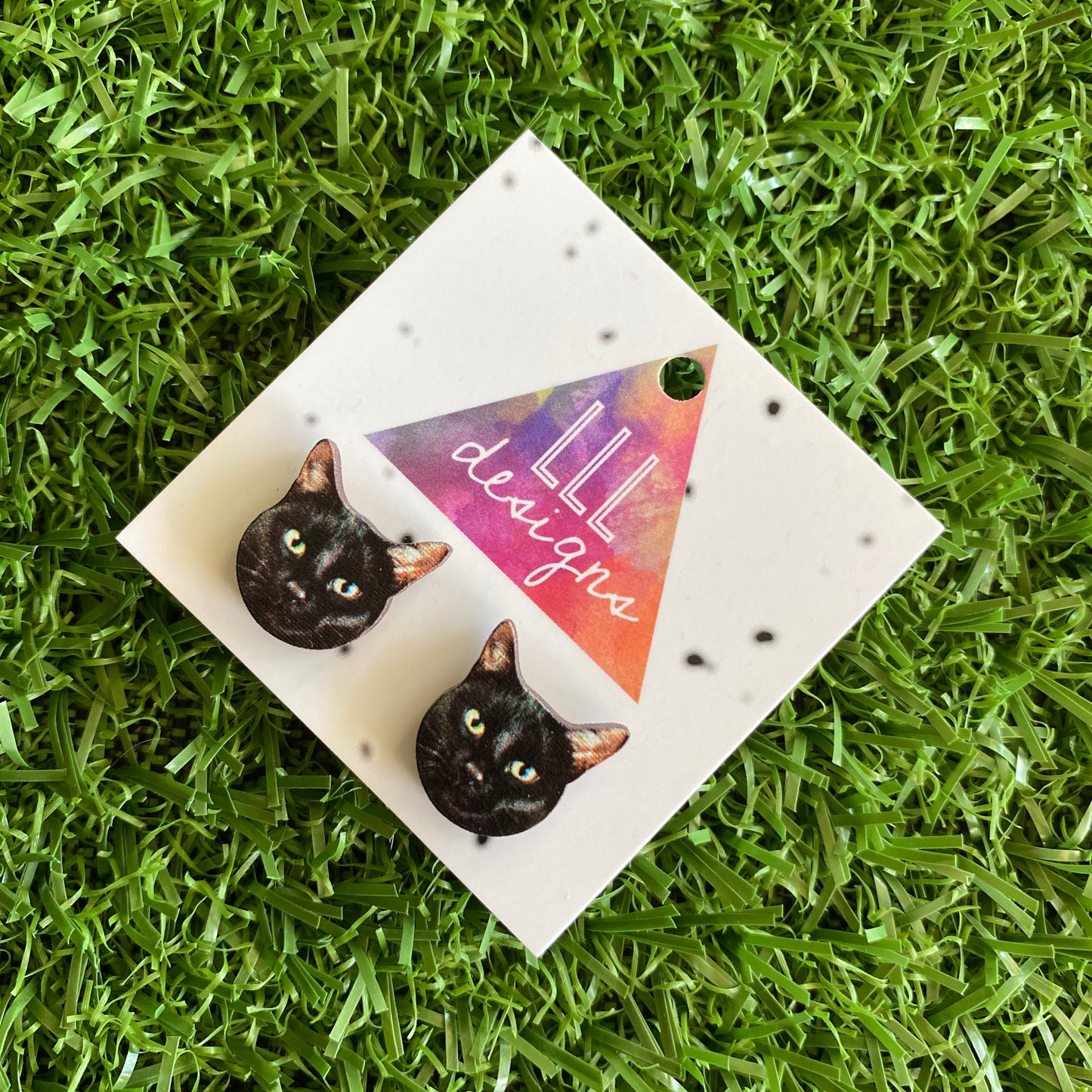 Black Cat Earrings - Itty Bitty Black Kitty Printed Timber Stud Earrings.