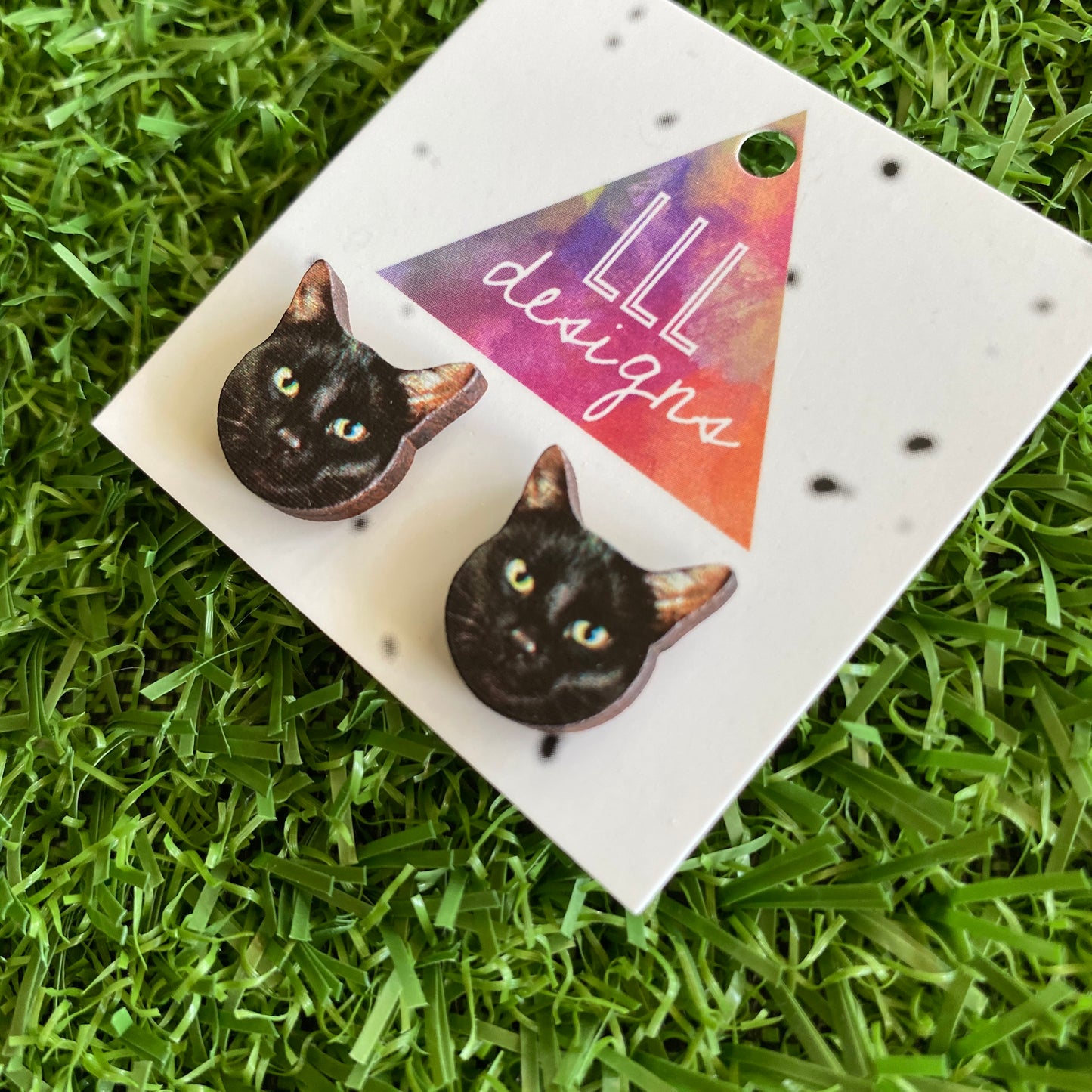 Black Cat Earrings - Itty Bitty Black Kitty Printed Timber Stud Earrings.