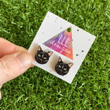 Black Cat Earrings - Itty Bitty Black Kitty Printed Timber Stud Earrings.