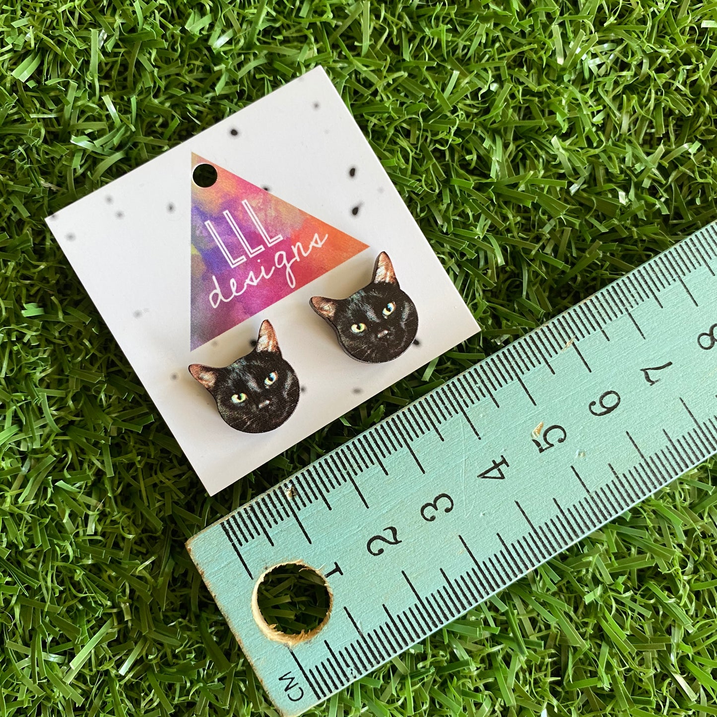 Black Cat Earrings - Itty Bitty Black Kitty Printed Timber Stud Earrings.
