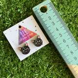 Black Cat Earrings - Itty Bitty Black Kitty Printed Timber Stud Earrings.