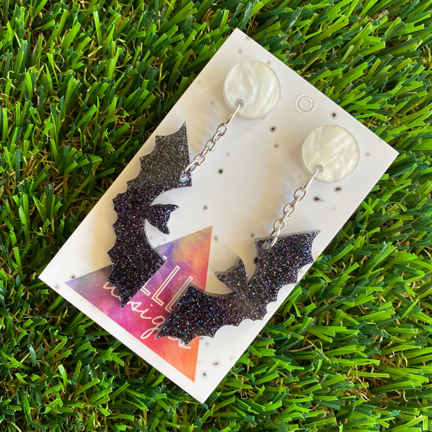 Bat Dangle Earrings - Full Moon Flying Bat Dangles - Iridescent Black Glitter Acrylic Bat Earrings.