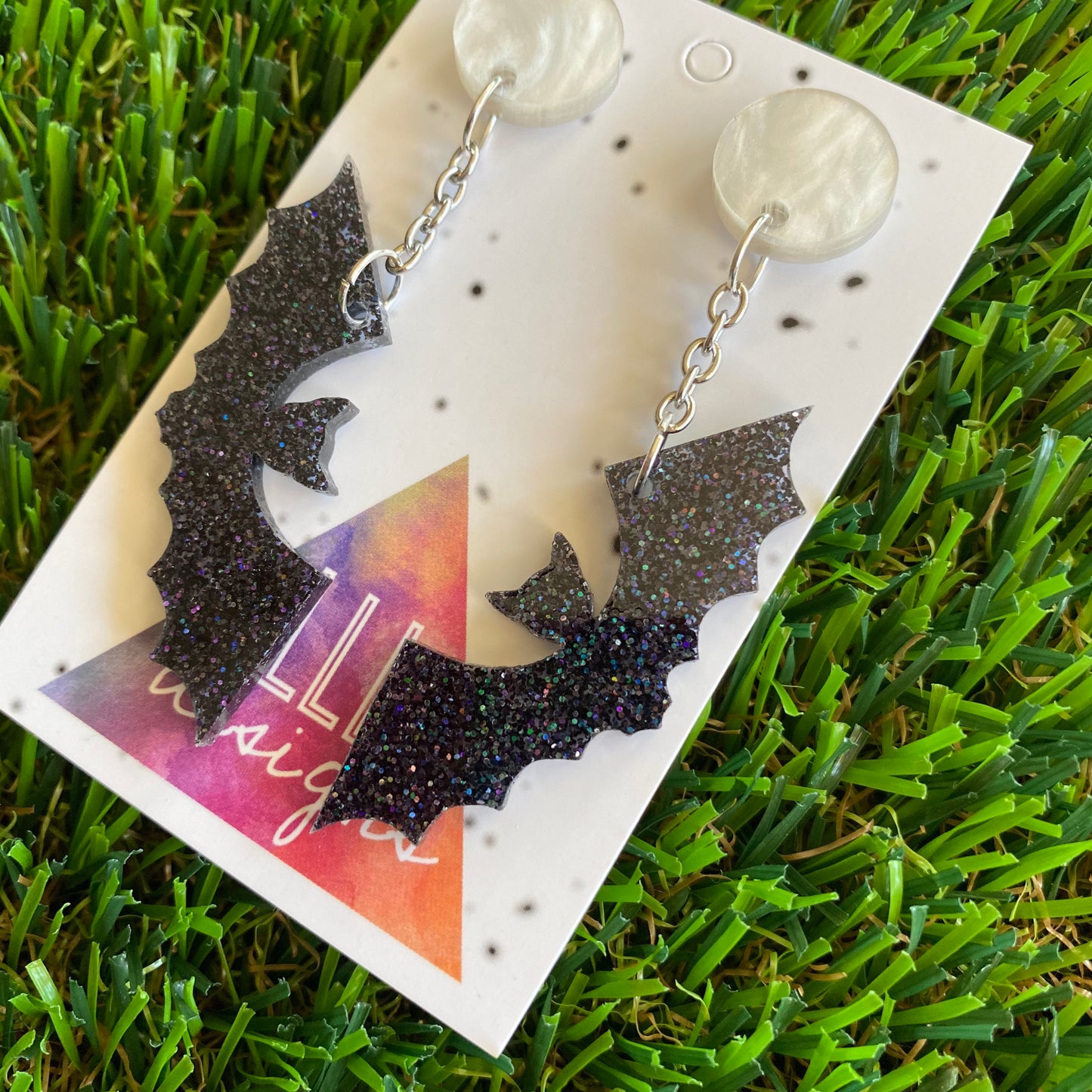 Bat Dangle Earrings - Full Moon Flying Bat Dangles - Iridescent Black Glitter Acrylic Bat Earrings.