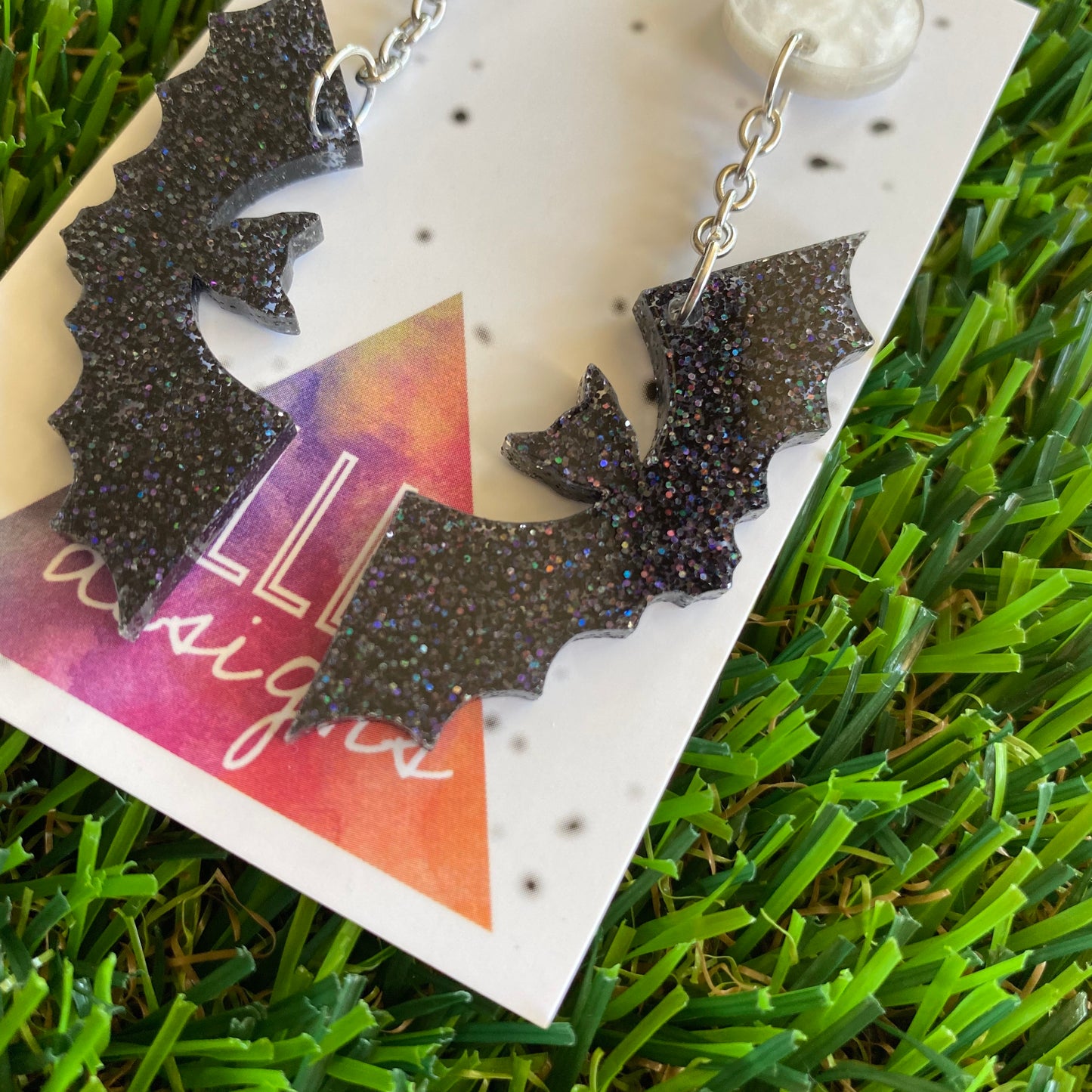 Bat Dangle Earrings - Full Moon Flying Bat Dangles - Iridescent Black Glitter Acrylic Bat Earrings.
