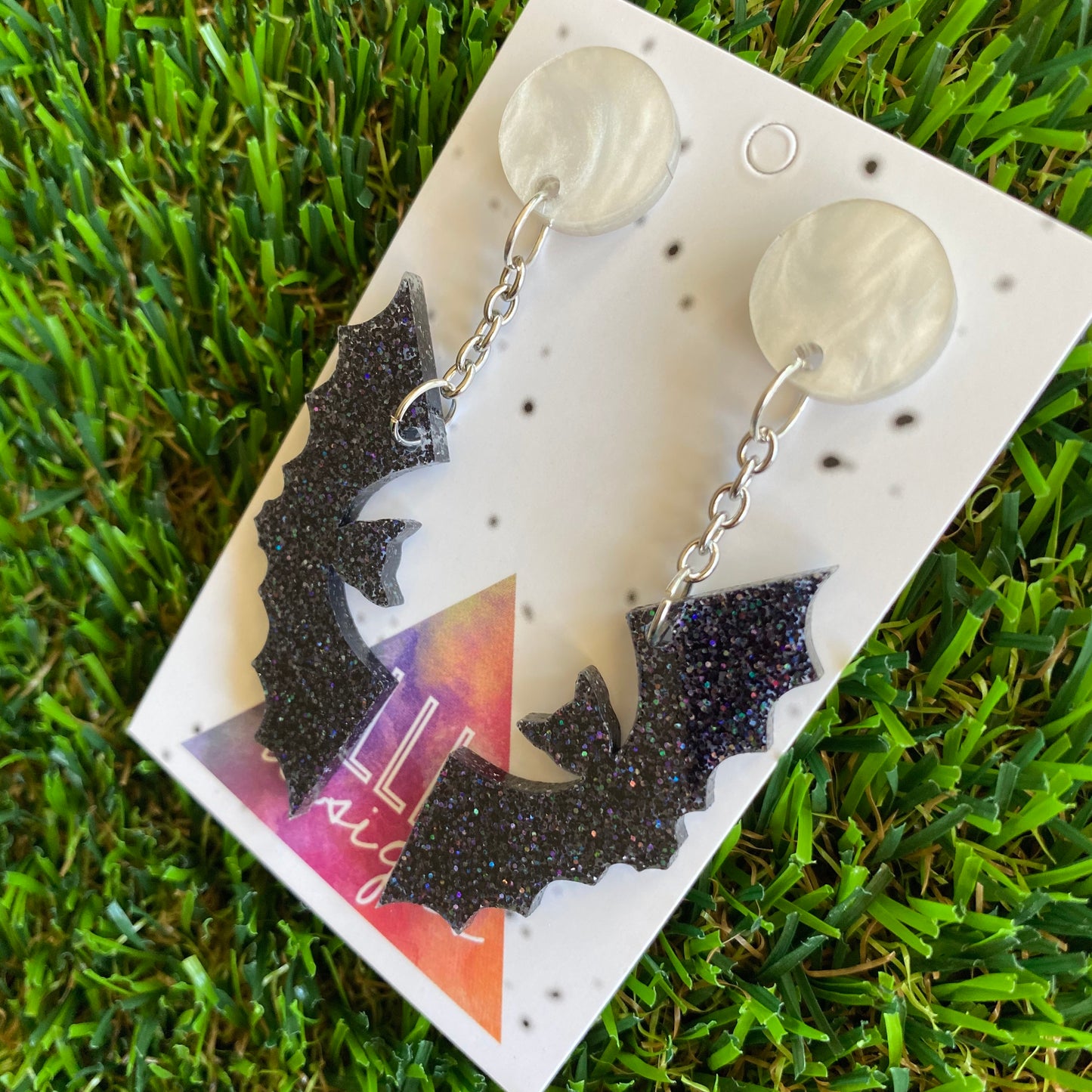 Bat Dangle Earrings - Full Moon Flying Bat Dangles - Iridescent Black Glitter Acrylic Bat Earrings.